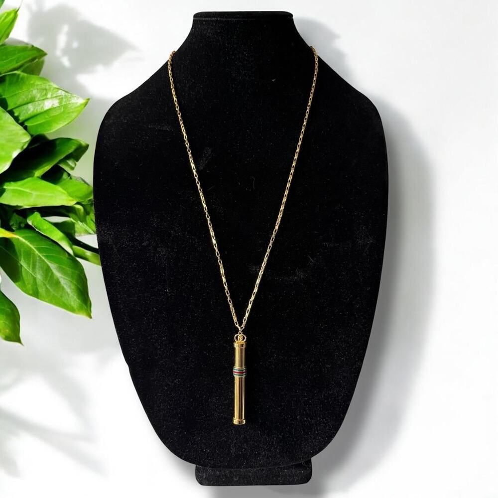 Vintage Gucci Golden Stick Perfume Bottle Necklace Webbing Green Red Sherry Line